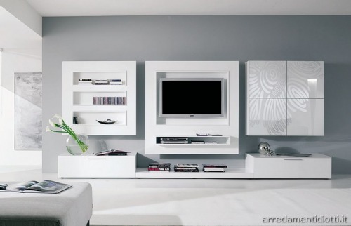 Pareti soggiorno moderne: bianco, grigio, colore acceso, arredi Pareti soggiorno moderne